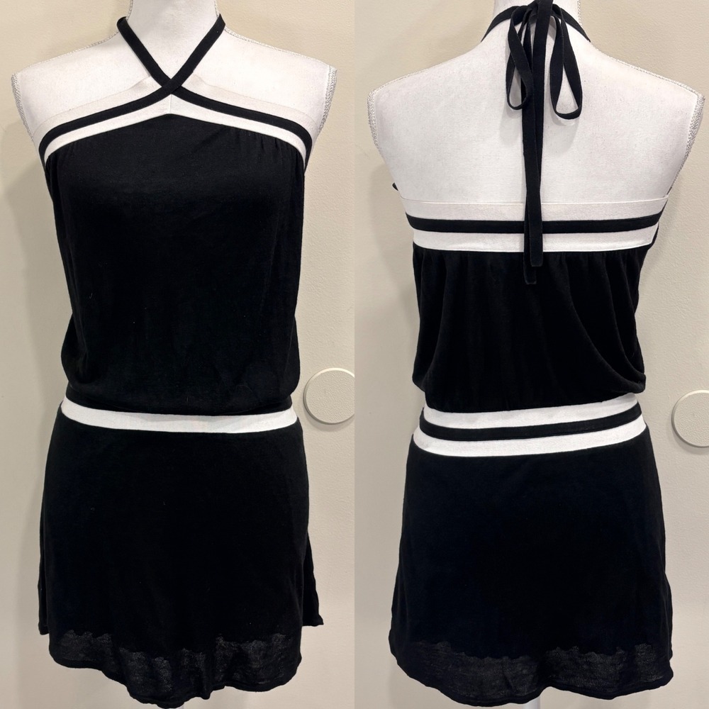 Y2K Guess Silk Blend Blouson Halter Mini Dress Black White Cover-Up Beach Small